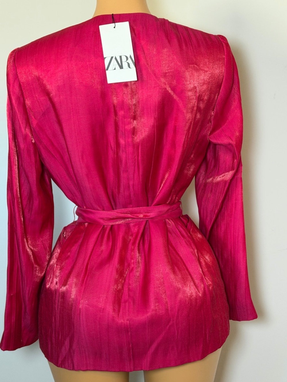 Zara Hot Pink Satin Satin-Effect Belted Blazer - Picture 4 of 5